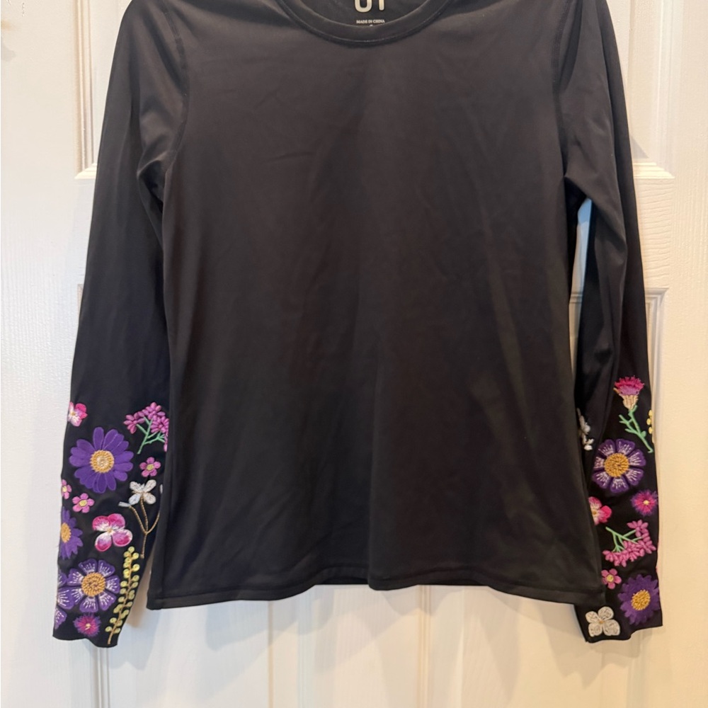 Urban Savage Black Long-Sleeve Tee with Purple Floral Sleeve Embroidery
